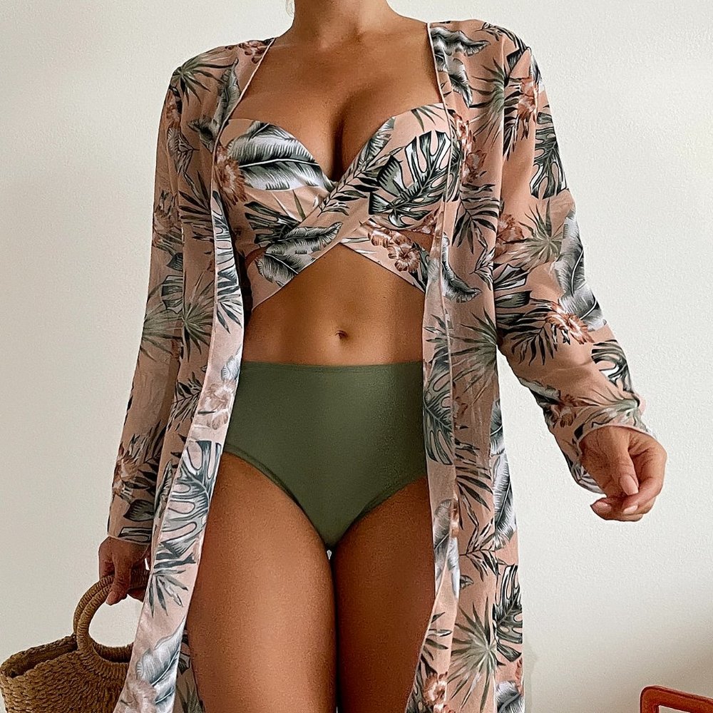 New Tropical Print Wrap Underwire Bikini Swimsuit With Cover Up